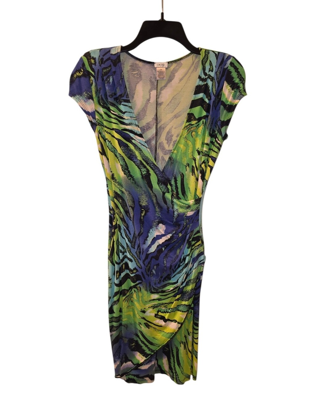 Caché Y2K Neon Abstract Animal Print Ruched Wrap Bodycon Dress Size M